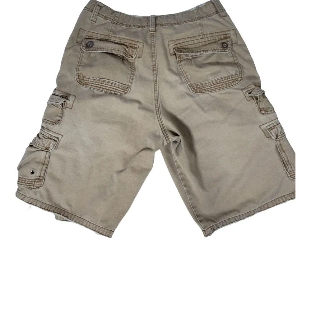 Pluggo Mens Khaki Tan Y2k Cargo Shorts Size 30 Distressed Raw Hem Cotton Utility